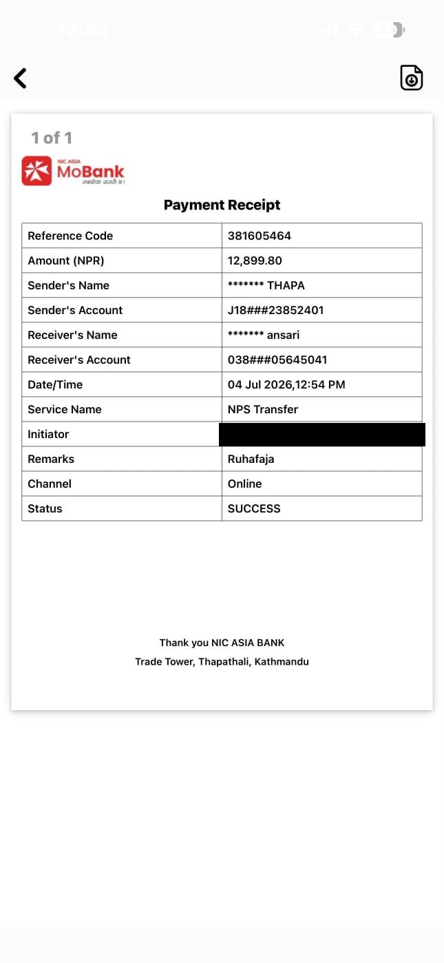 NIC Asia Bank payment receipt, reference 381605464, NPR 12,899.80, status SUCCESS